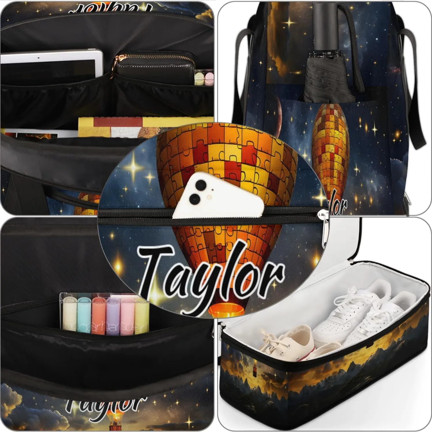 Personalized Duffel Bag with Name, Custom Retro Hot Air Balloon Travel Sports Gym Yoga Beach Bag Customized Weekender Overnight Bag with Shoes Compartment for Women, Hot Air Balloon