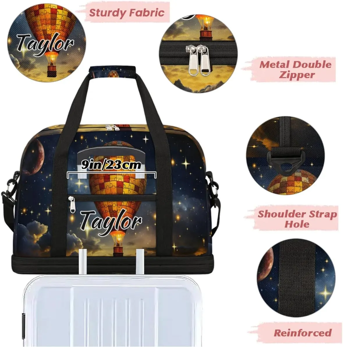 Personalized Duffel Bag with Name, Custom Retro Hot Air Balloon Travel Sports Gym Yoga Beach Bag Customized Weekender Overnight Bag with Shoes Compartment for Women, Hot Air Balloon