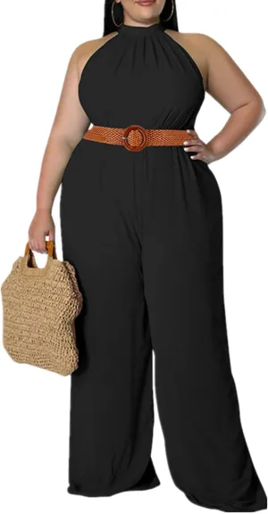Plus Size Jumpsuits for Women Sexy Summer Elegant Solid Halter Neck Wide Leg Pants Long Rompers no Belt