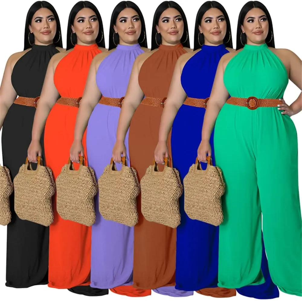 Plus Size Jumpsuits for Women Sexy Summer Elegant Solid Halter Neck Wide Leg Pants Long Rompers no Belt