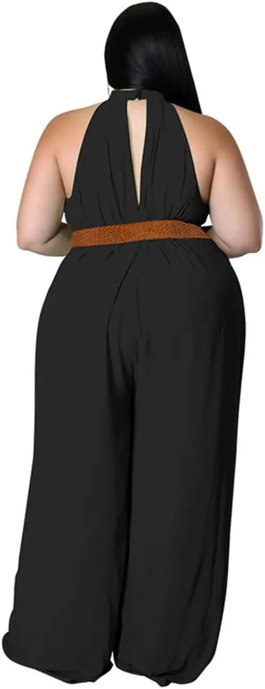 Plus Size Jumpsuits for Women Sexy Summer Elegant Solid Halter Neck Wide Leg Pants Long Rompers no Belt