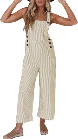 PRETTYGARDEN Overall Jumpsuit For Women 2025 Summer Casual Wide Leg Sleeveless Button Striped Jumpsuits Trendy Outfits