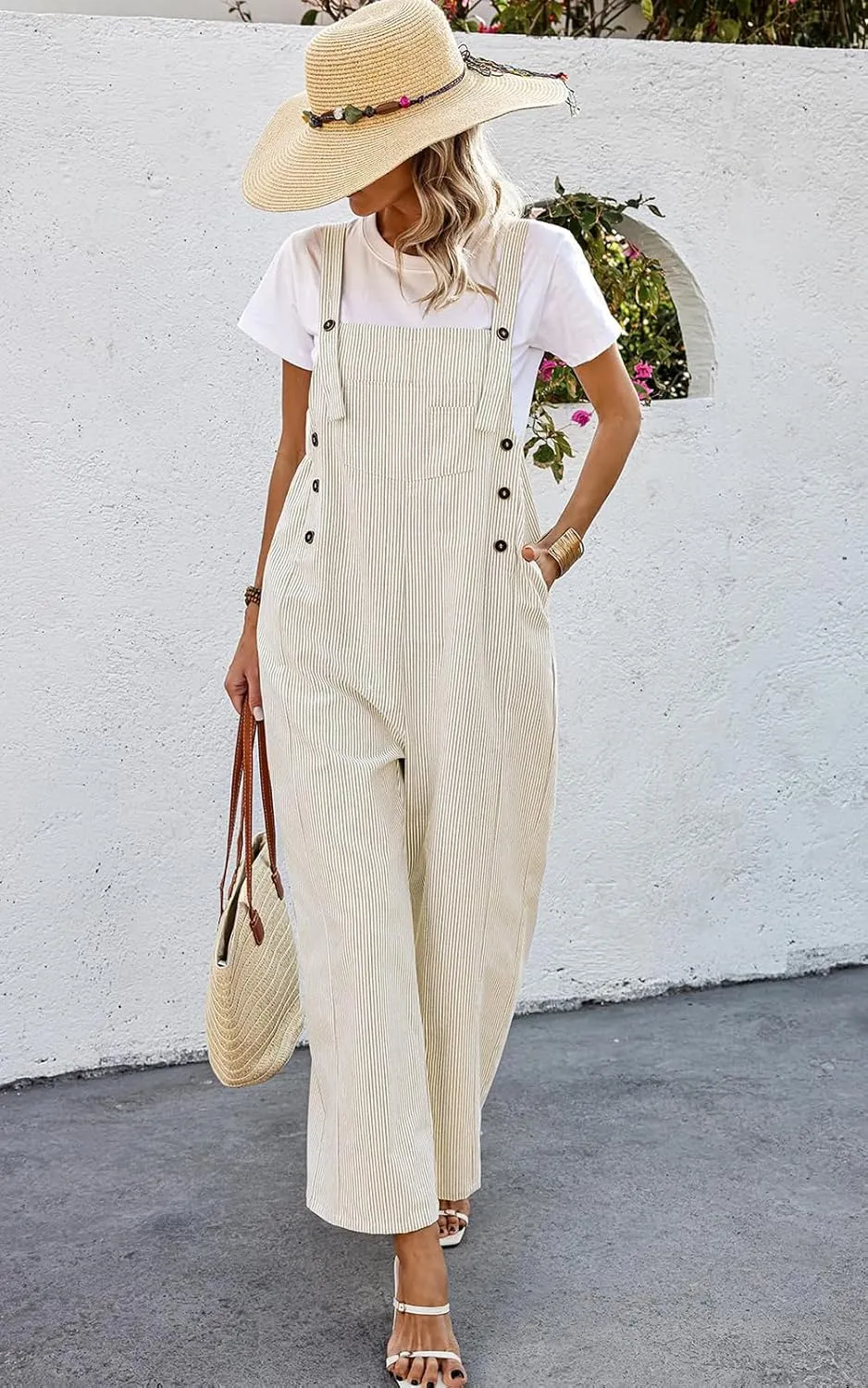 PRETTYGARDEN Overall Jumpsuit For Women 2025 Summer Casual Wide Leg Sleeveless Button Striped Jumpsuits Trendy Outfits
