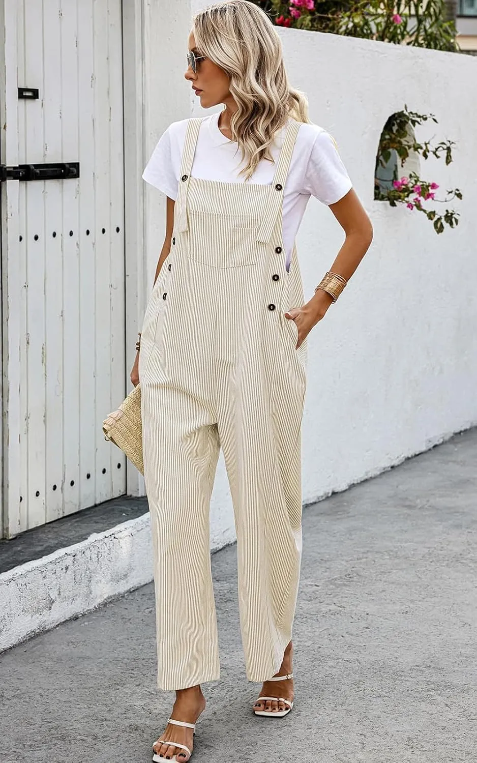 PRETTYGARDEN Overall Jumpsuit For Women 2025 Summer Casual Wide Leg Sleeveless Button Striped Jumpsuits Trendy Outfits