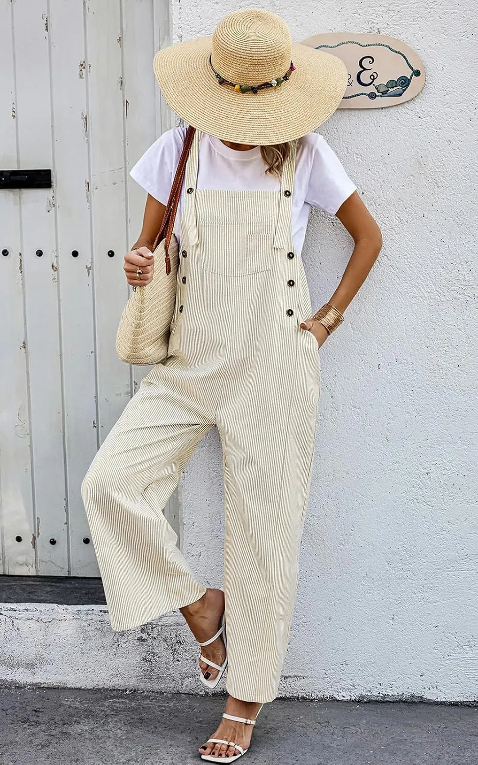 PRETTYGARDEN Overall Jumpsuit For Women 2025 Summer Casual Wide Leg Sleeveless Button Striped Jumpsuits Trendy Outfits