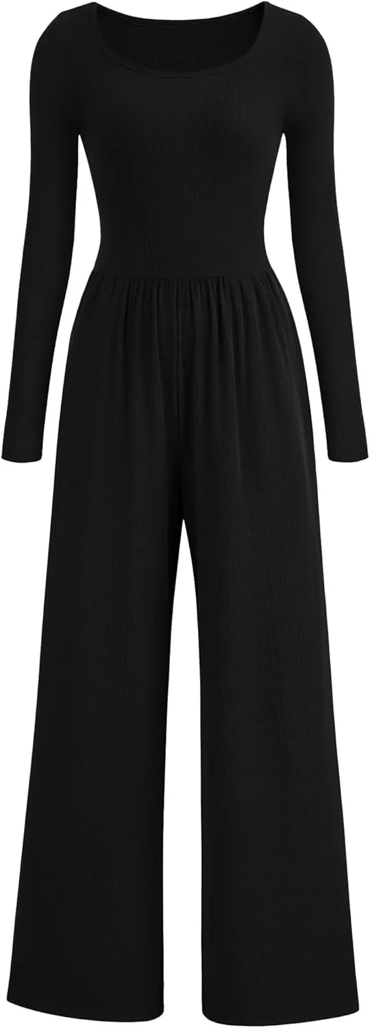 PRETTYGARDEN Women's Spring Fall Fashion One Piece Jumpsuits Dressy Casual Long Sleeve Wide Leg Ribbed Knit Rompers