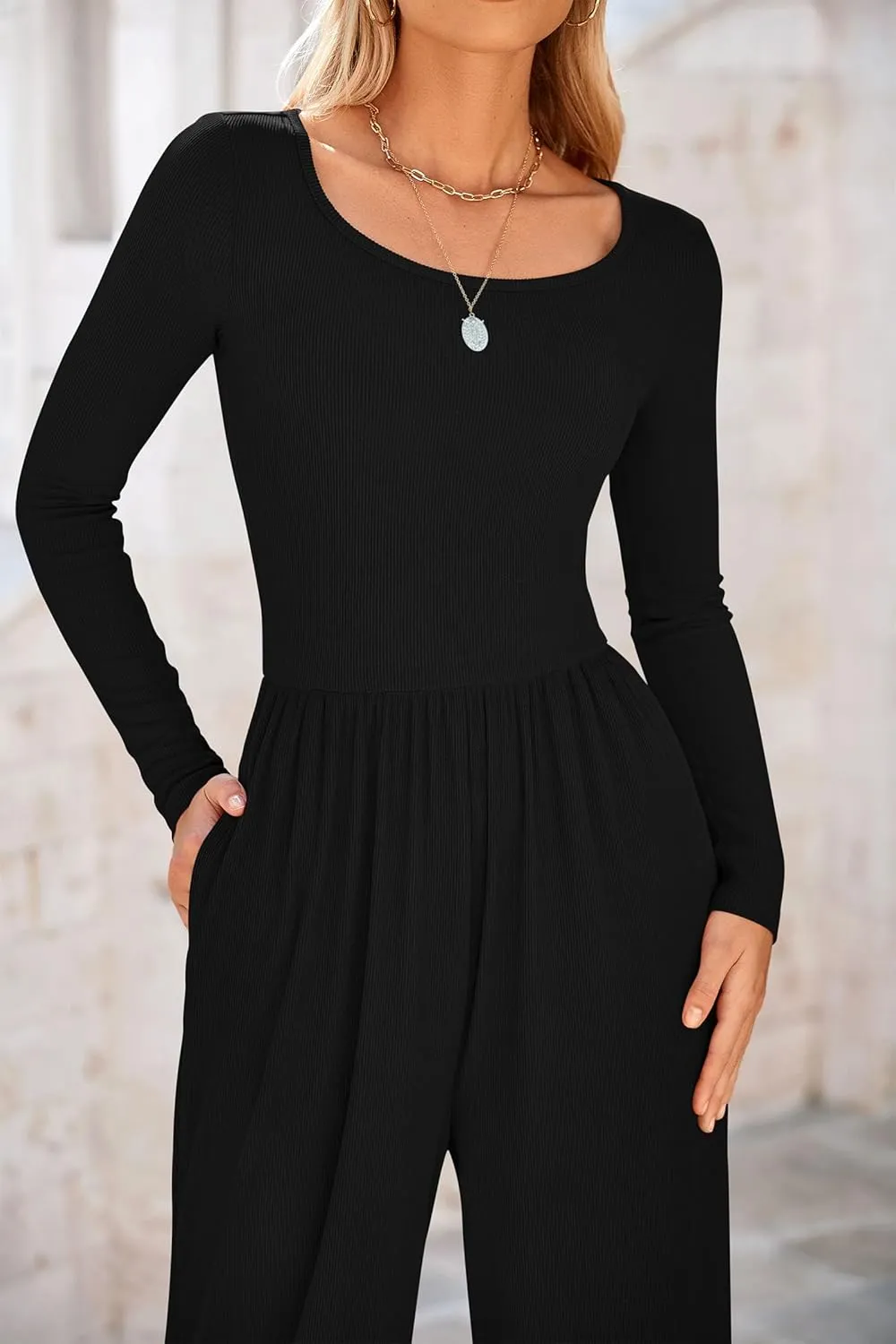PRETTYGARDEN Women's Spring Fall Fashion One Piece Jumpsuits Dressy Casual Long Sleeve Wide Leg Ribbed Knit Rompers