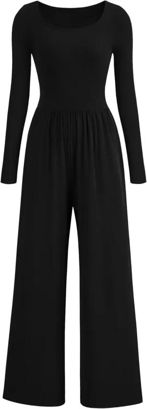 PRETTYGARDEN Women's Spring Fall Fashion One Piece Jumpsuits Dressy Casual Long Sleeve Wide Leg Ribbed Knit Rompers