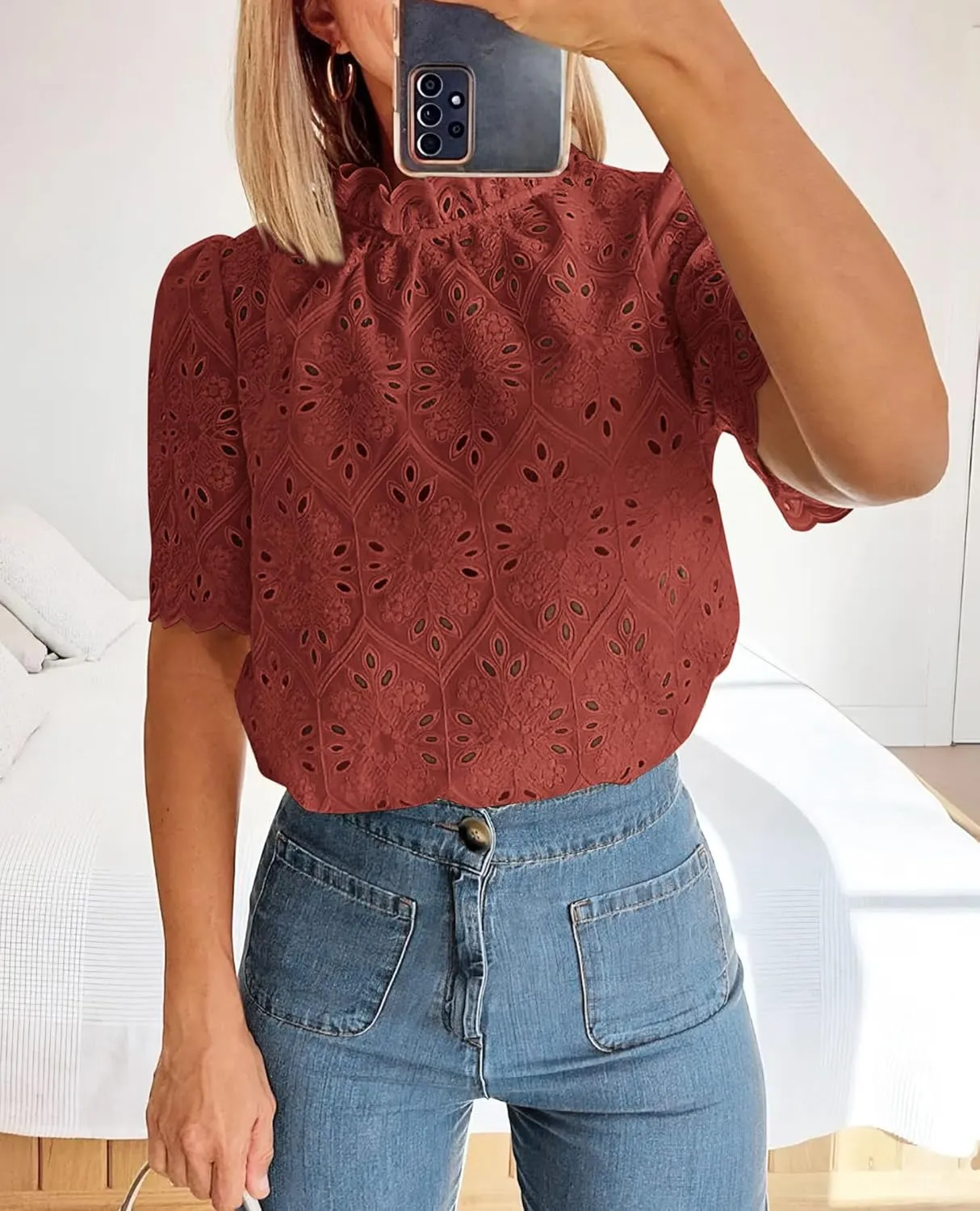 PRETTYGARDEN Womens Summer Tops 2025 Trendy Short Sleeve Eyelet Embroidered Dressy Casual Blouse Shirts