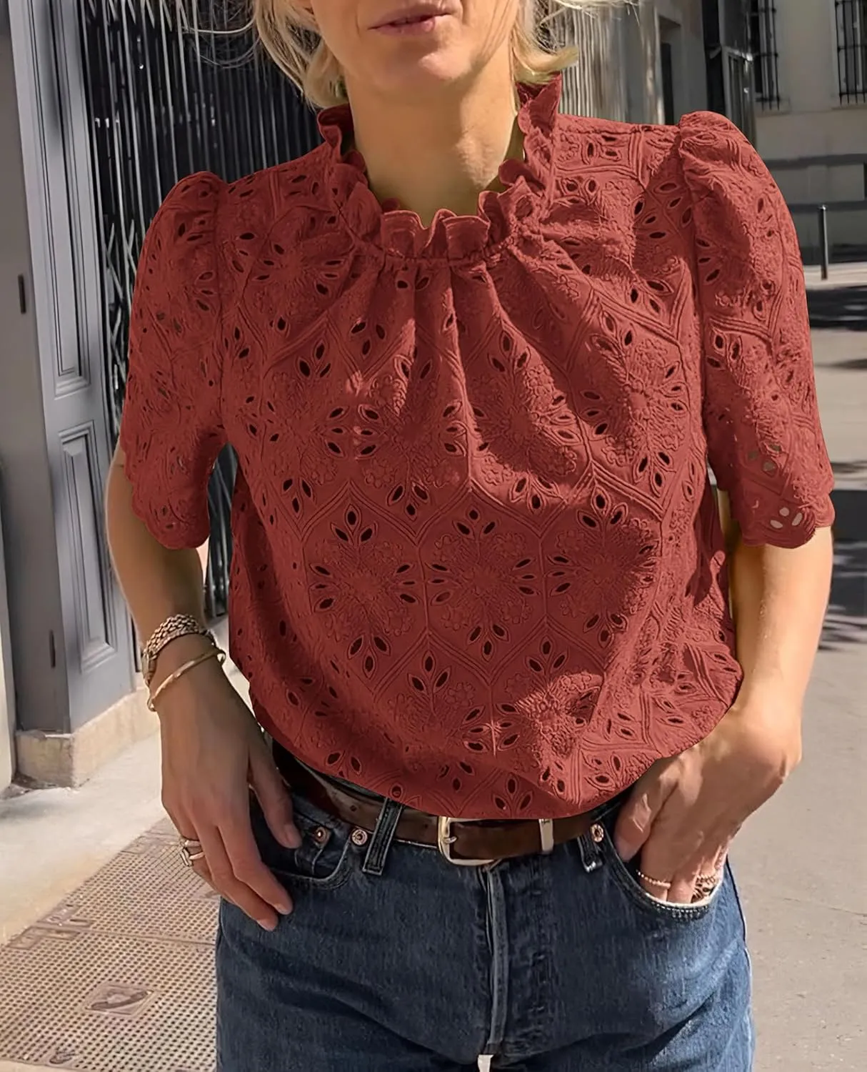 PRETTYGARDEN Womens Summer Tops 2025 Trendy Short Sleeve Eyelet Embroidered Dressy Casual Blouse Shirts