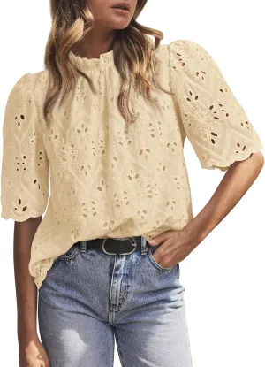 PRETTYGARDEN Womens Summer Tops 2025 Trendy Short Sleeve Eyelet Embroidered Dressy Casual Blouse Shirts