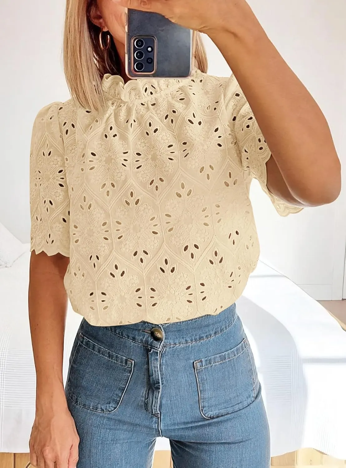 PRETTYGARDEN Womens Summer Tops 2025 Trendy Short Sleeve Eyelet Embroidered Dressy Casual Blouse Shirts