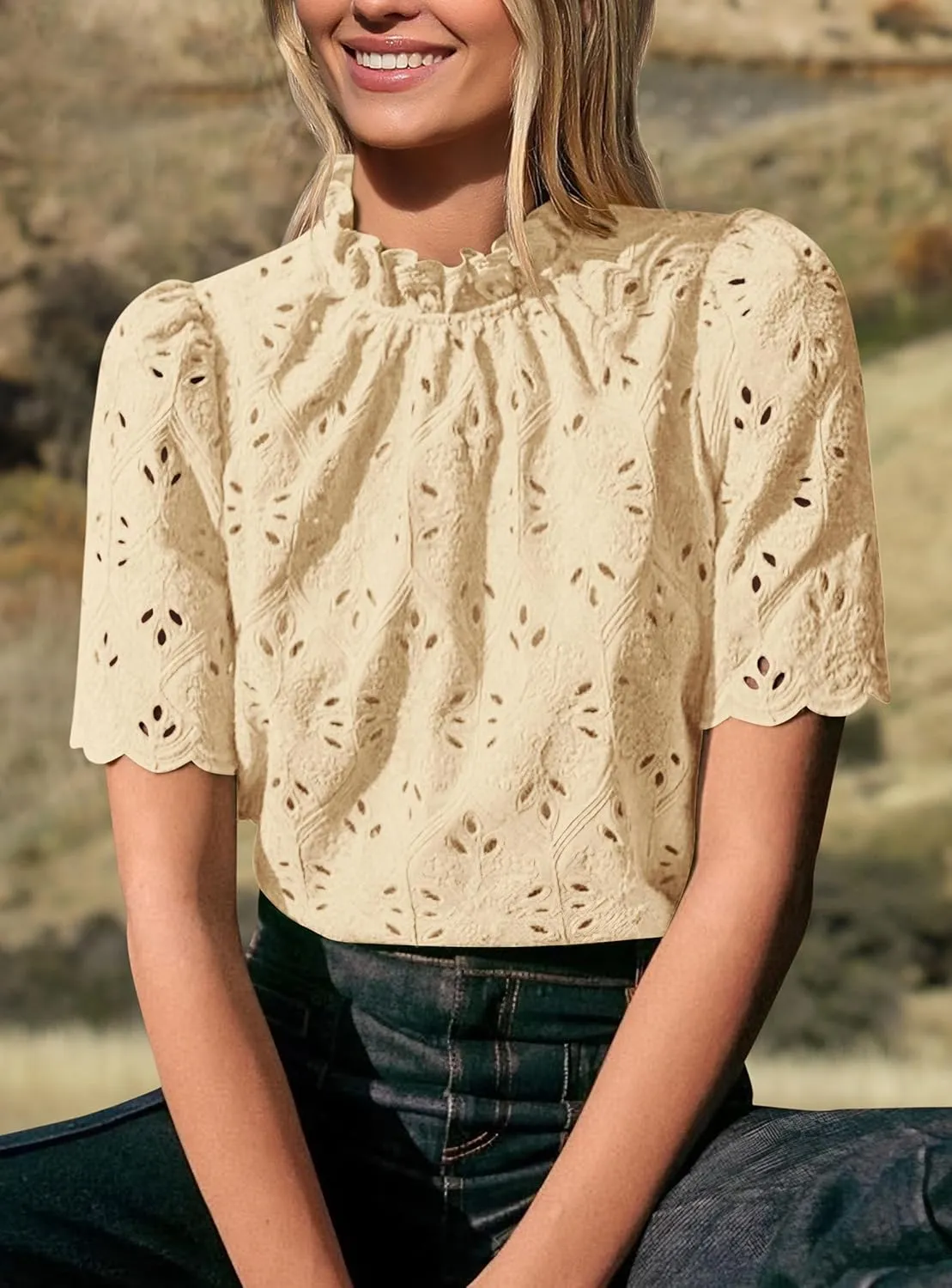 PRETTYGARDEN Womens Summer Tops 2025 Trendy Short Sleeve Eyelet Embroidered Dressy Casual Blouse Shirts