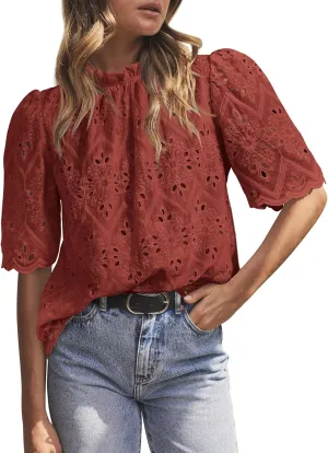 PRETTYGARDEN Womens Summer Tops 2025 Trendy Short Sleeve Eyelet Embroidered Dressy Casual Blouse Shirts