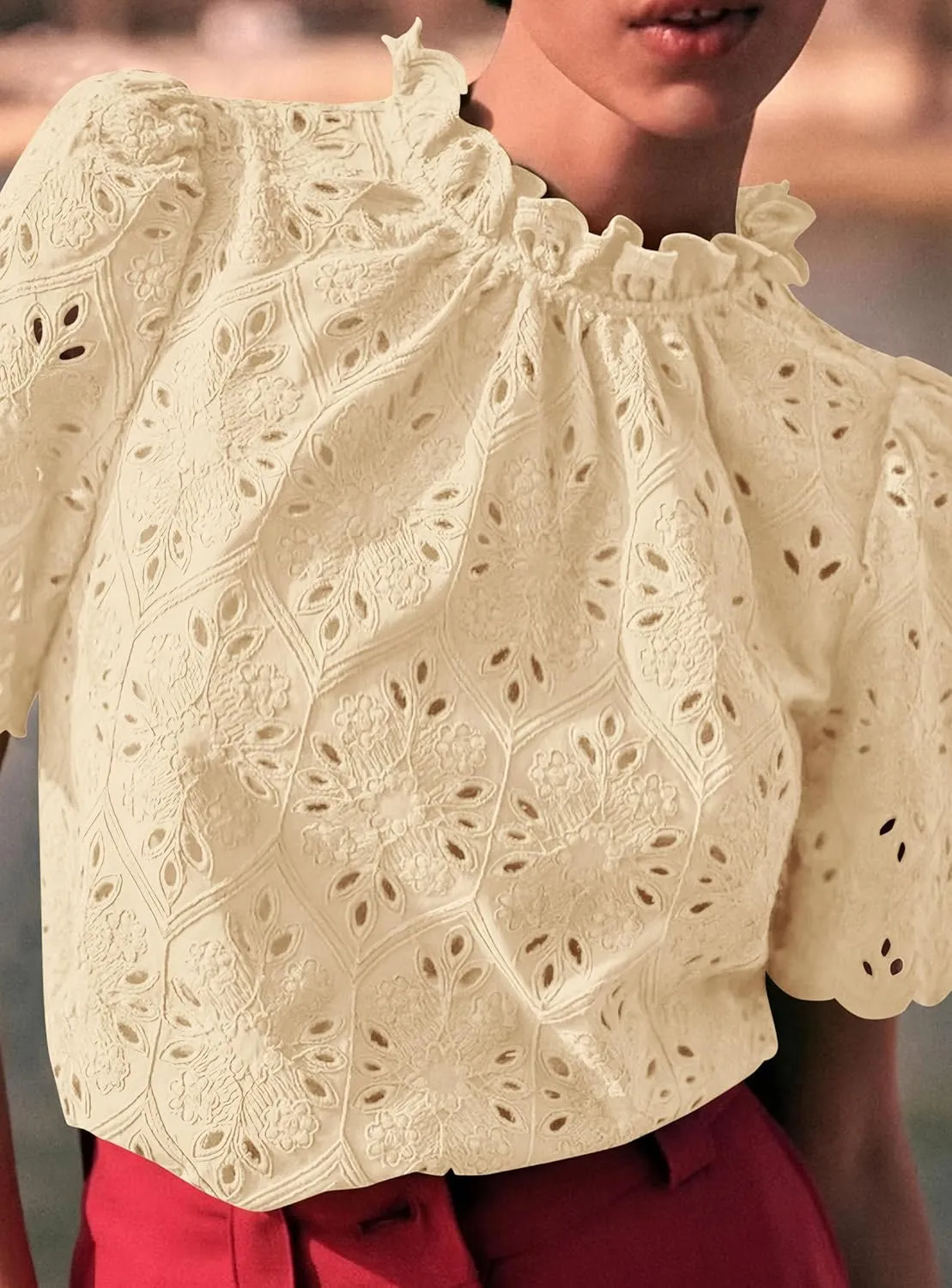 PRETTYGARDEN Womens Summer Tops 2025 Trendy Short Sleeve Eyelet Embroidered Dressy Casual Blouse Shirts