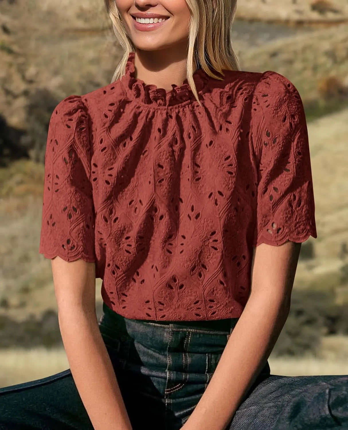 PRETTYGARDEN Womens Summer Tops 2025 Trendy Short Sleeve Eyelet Embroidered Dressy Casual Blouse Shirts