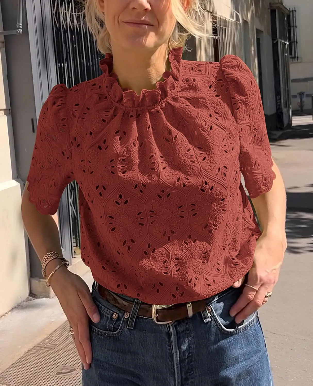 PRETTYGARDEN Womens Summer Tops 2025 Trendy Short Sleeve Eyelet Embroidered Dressy Casual Blouse Shirts