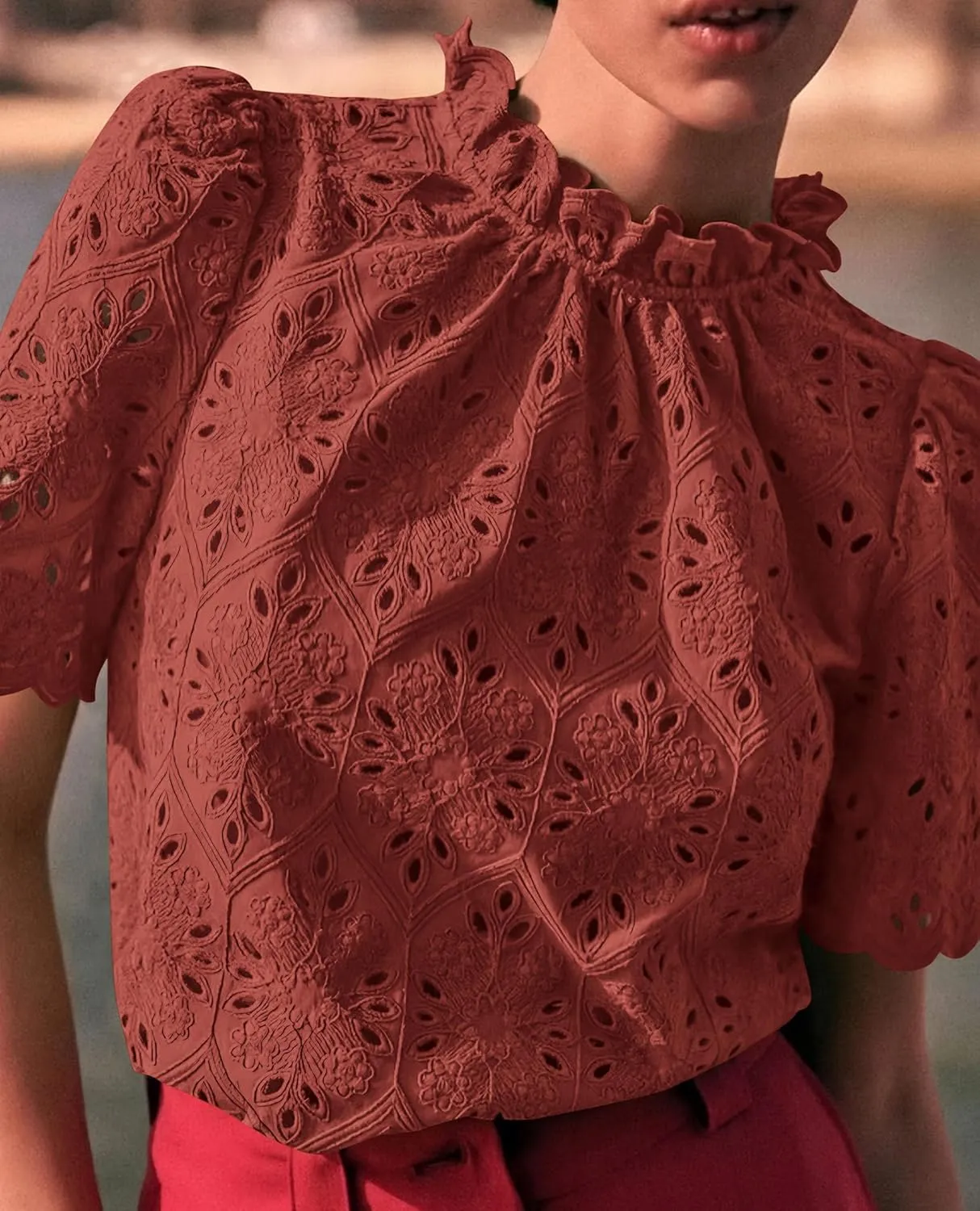 PRETTYGARDEN Womens Summer Tops 2025 Trendy Short Sleeve Eyelet Embroidered Dressy Casual Blouse Shirts