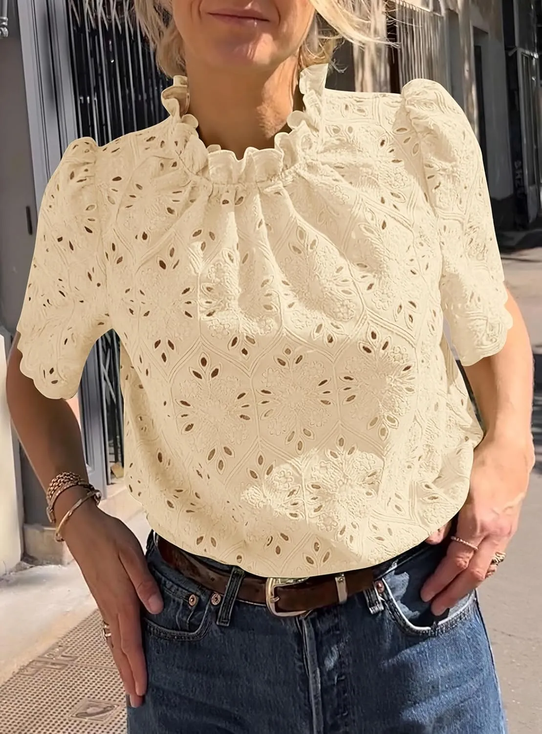 PRETTYGARDEN Womens Summer Tops 2025 Trendy Short Sleeve Eyelet Embroidered Dressy Casual Blouse Shirts