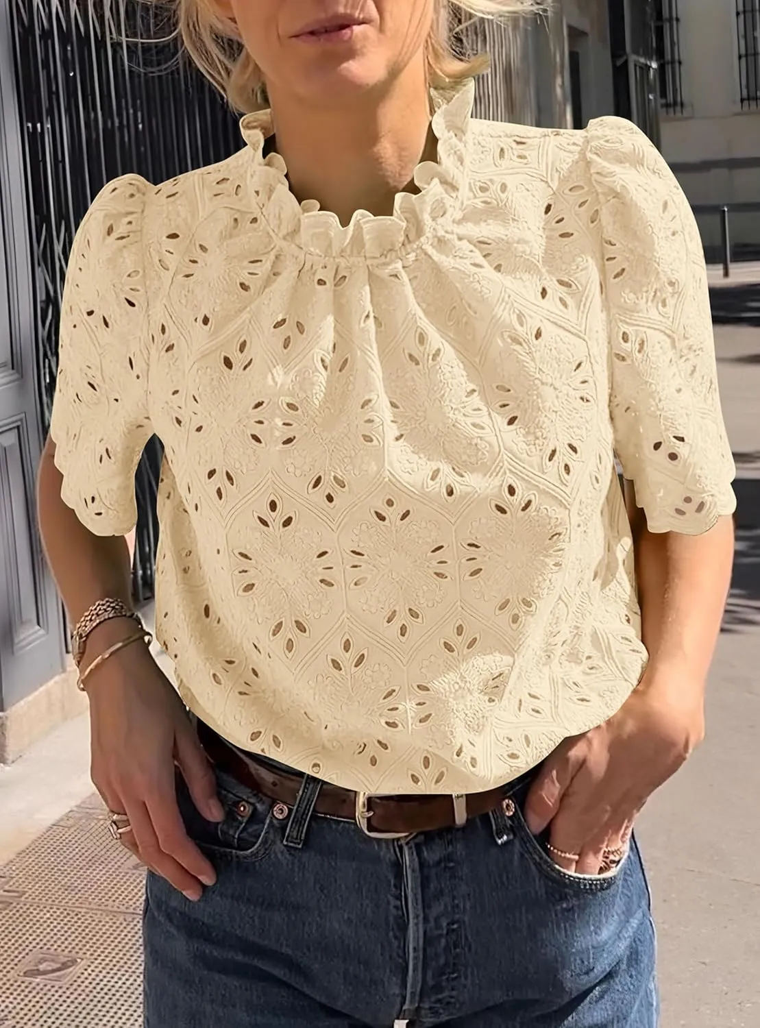 PRETTYGARDEN Womens Summer Tops 2025 Trendy Short Sleeve Eyelet Embroidered Dressy Casual Blouse Shirts