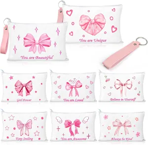 PUNICA 8 Pcs Pink Coquette Bow Makeup Bag Preppy Cosmetic Bags Canvas Zipper Pouch with Handle, Travel Bag Gift for Nurse Women Girls Coquette Party Favors Storage Accessories