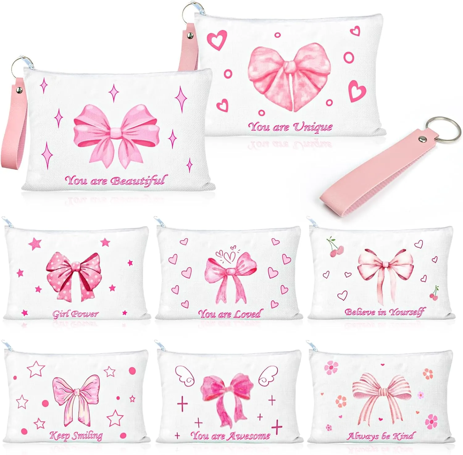 PUNICA 8 Pcs Pink Coquette Bow Makeup Bag Preppy Cosmetic Bags Canvas Zipper Pouch with Handle, Travel Bag Gift for Nurse Women Girls Coquette Party Favors Storage Accessories