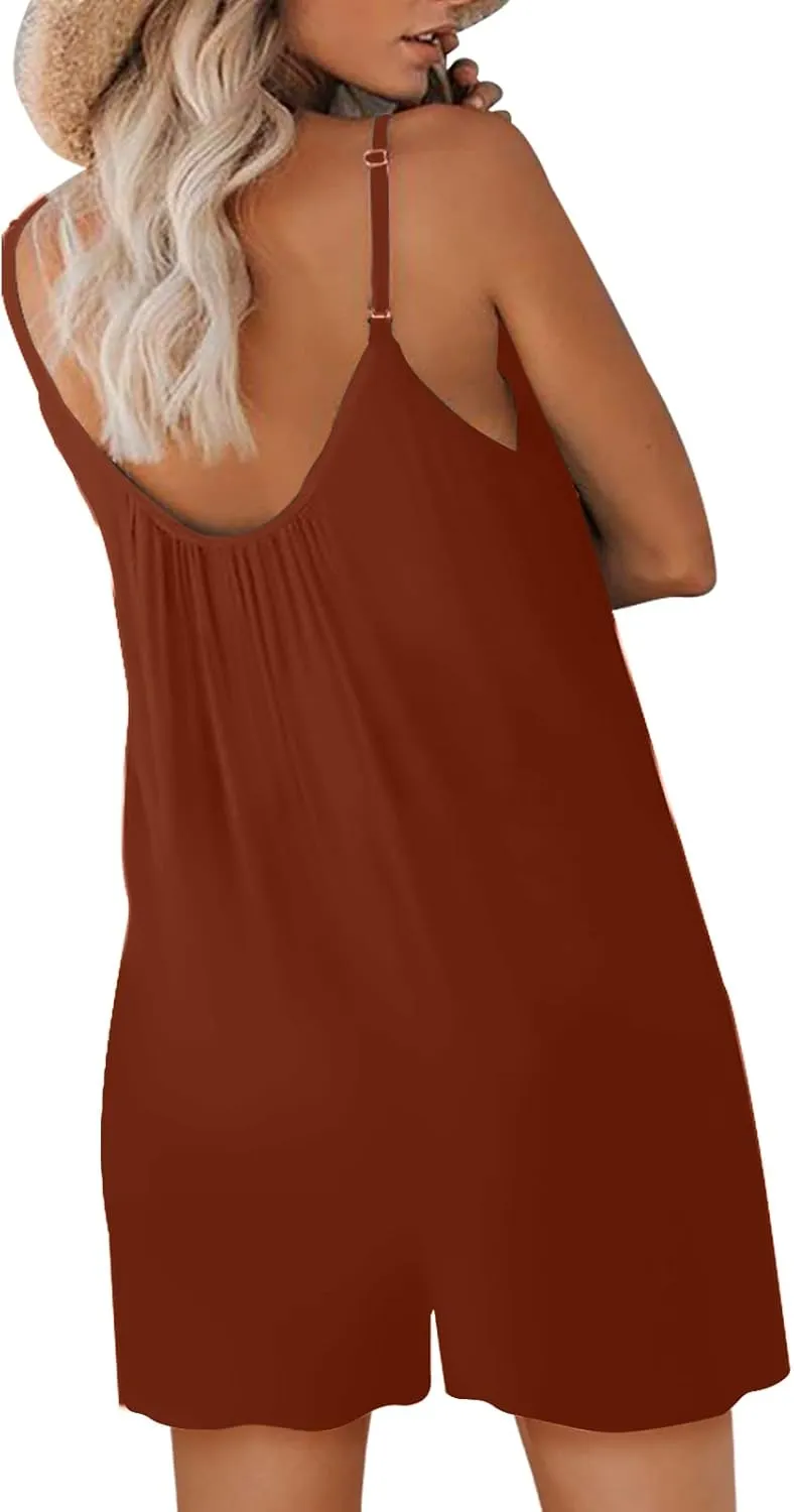 Qnasey Women's Summer Casual Sleeveless Strap Romper Loose Adjustable Stretchy Shorts Jumpsuits Overalls with Pockets