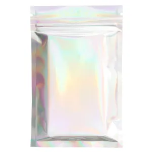 QQ Studio Pack of 100 Rainbow Holographic Double-Sided Zipper Bags for Cosmetics and Makeup (8.5x13cm (3.3x5.1"), Silver Hologram)