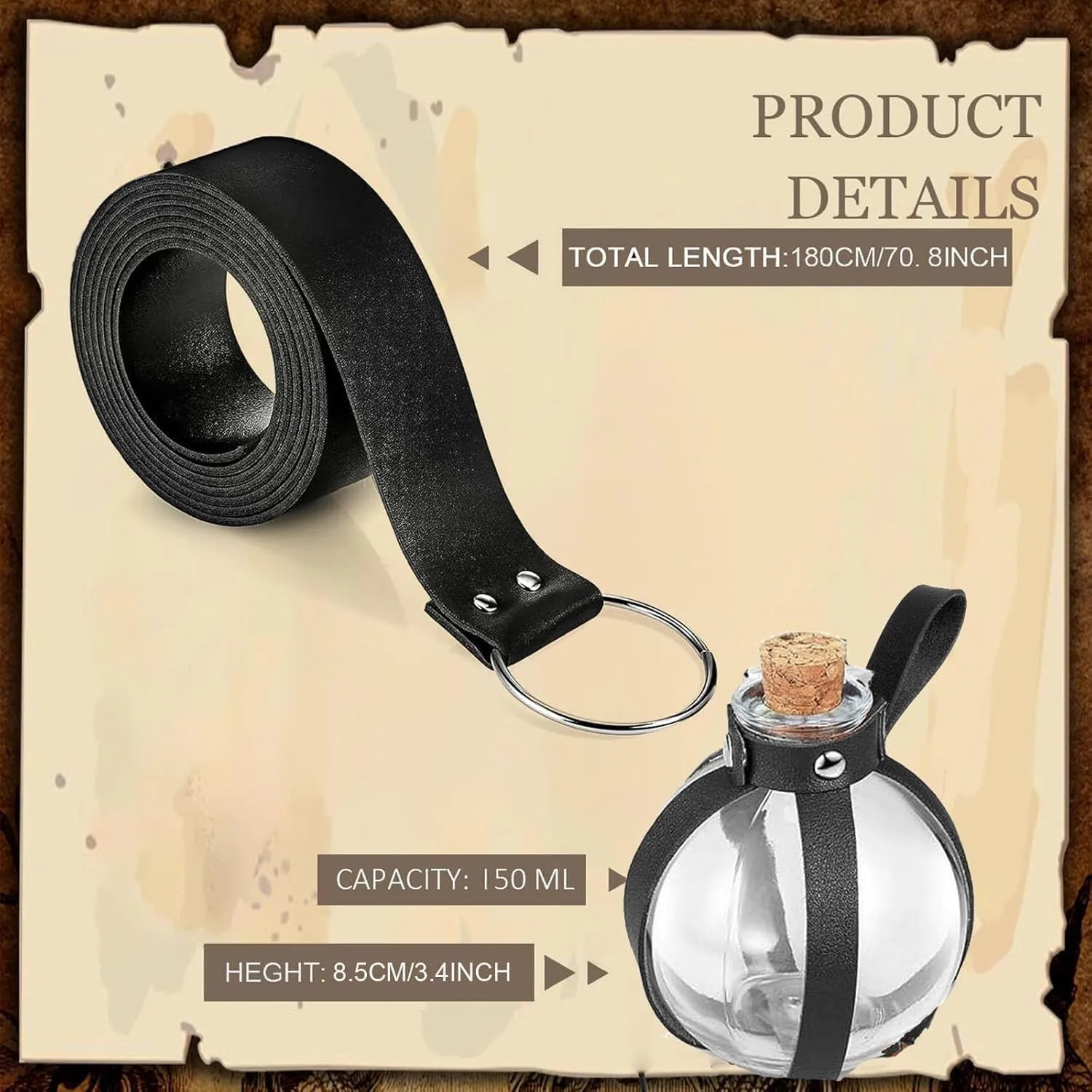 Renaissance Costume Accessories Belt Pouch Potion Bottles Leather Holder Medieval Festival Halloween Costume Belt Waist Set (Bottle-Black)