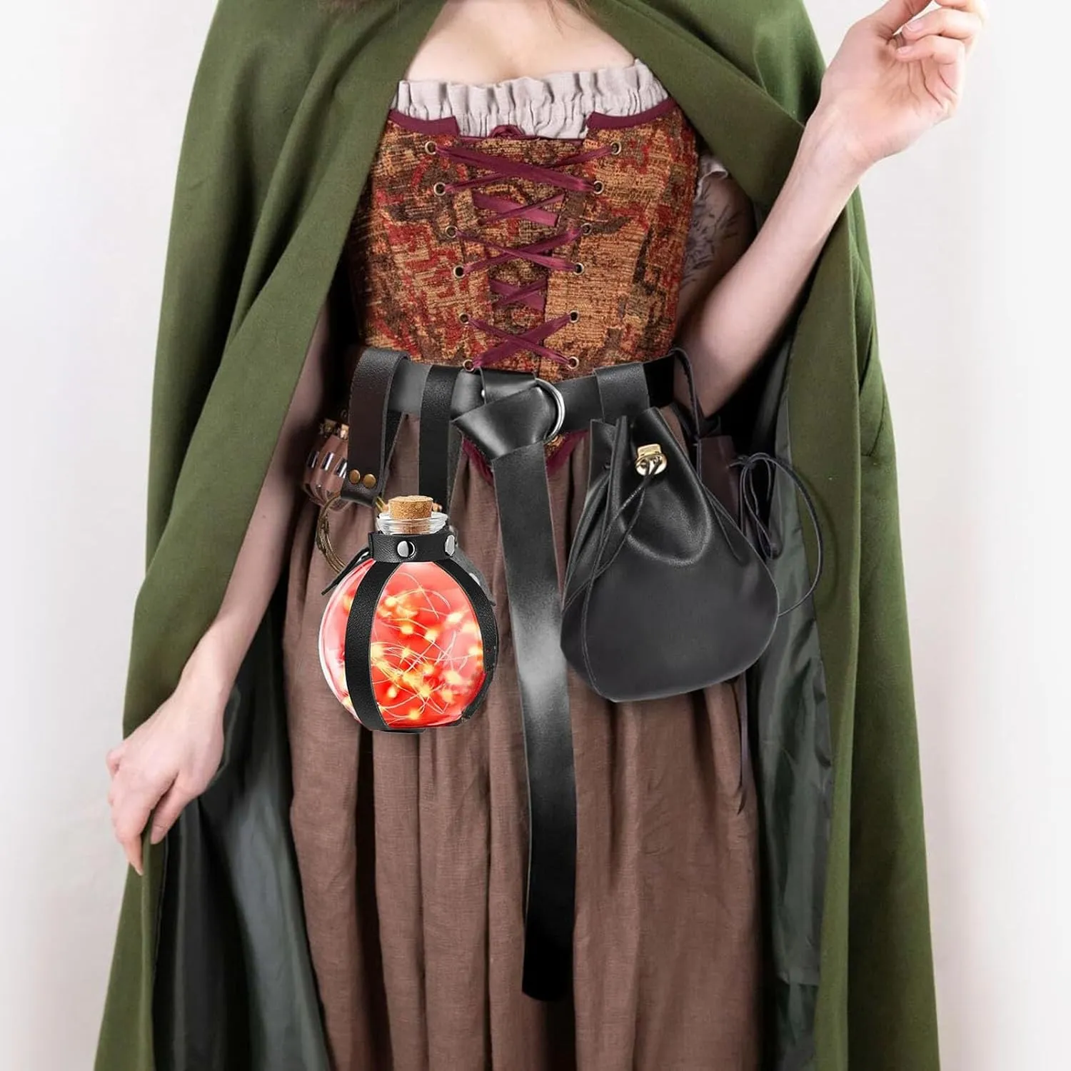 Renaissance Costume Accessories Belt Pouch Potion Bottles Leather Holder Medieval Festival Halloween Costume Belt Waist Set (Bottle-Black)