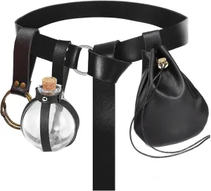 Renaissance Costume Accessories Belt Pouch Potion Bottles Leather Holder Medieval Festival Halloween Costume Belt Waist Set (Bottle-Black)
