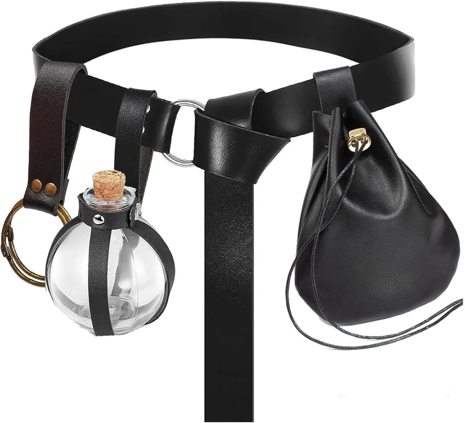 Renaissance Costume Accessories Belt Pouch Potion Bottles Leather Holder Medieval Festival Halloween Costume Belt Waist Set (Bottle-Black)