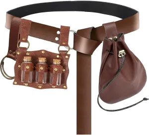 Renaissance Costume Accessories Belt Pouch Potion Bottles Leather Holder Medieval Festival Halloween Costume Belt Waist Set (Brown)