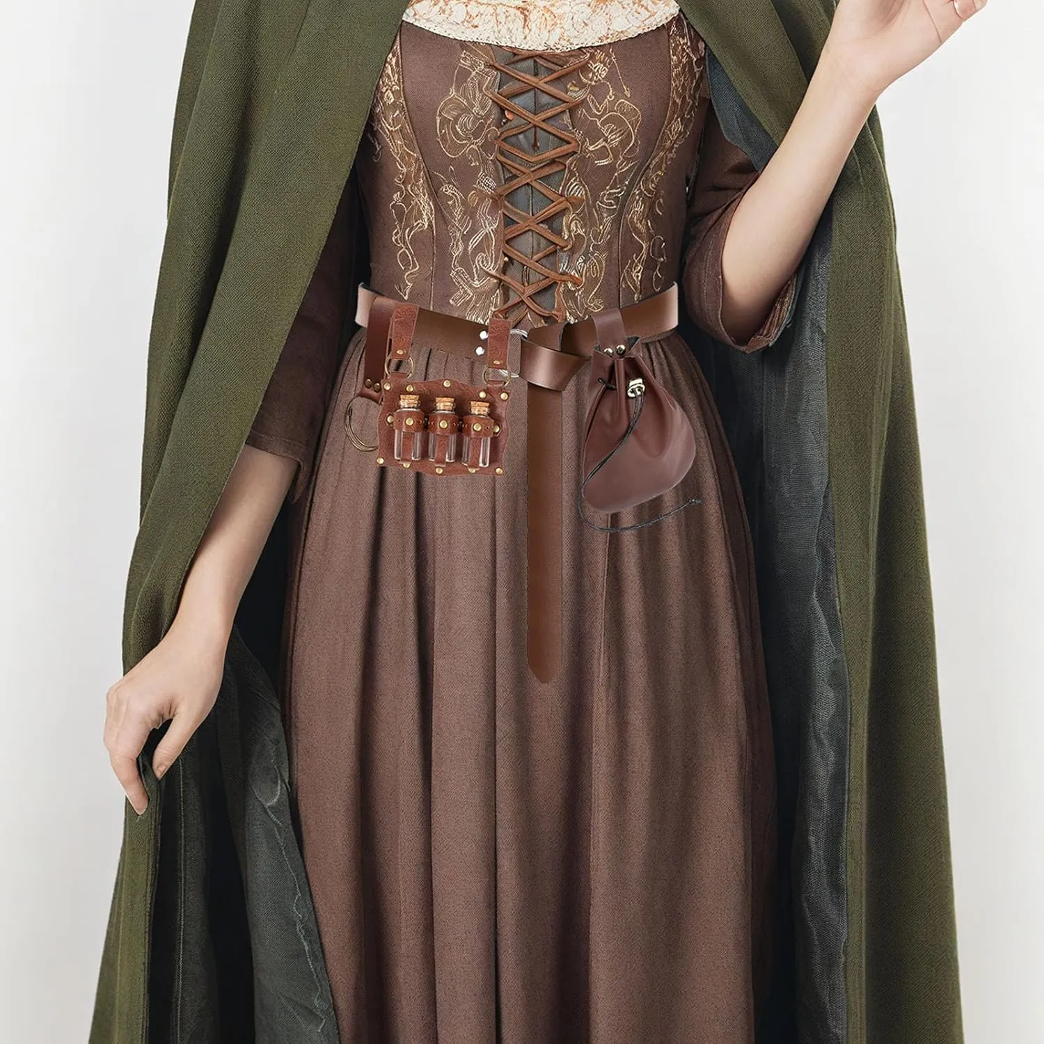 Renaissance Costume Accessories Belt Pouch Potion Bottles Leather Holder Medieval Festival Halloween Costume Belt Waist Set (Brown)