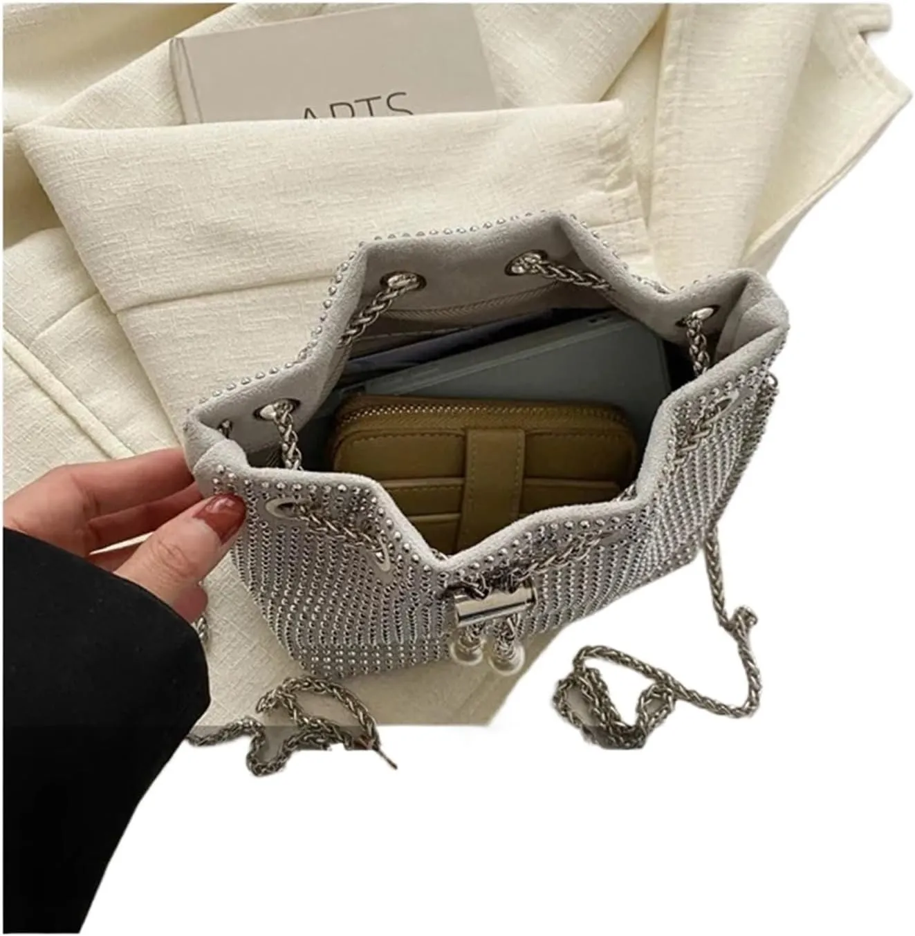 Rhinestone Bags Women Rhinestone Bucket Bags Retro Pearl Chain Ladies Shoulder Bags Shiny Small Crossbody Bags(Silver)