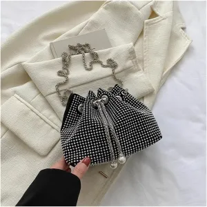 Rhinestone Bags Women Rhinestone Bucket Bags Retro Pearl Chain Ladies Shoulder Bags Shiny Small Crossbody Bags(Silver)