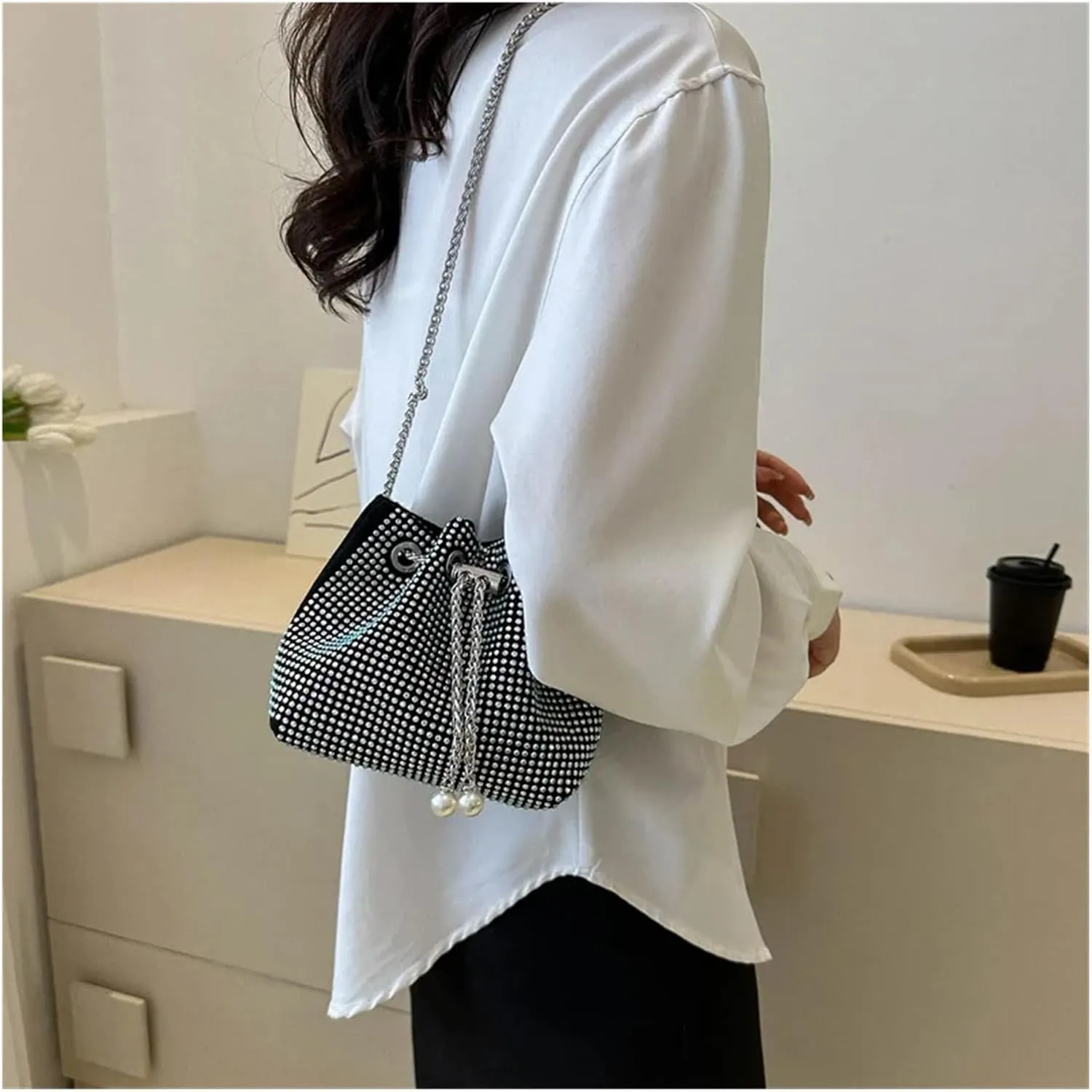 Rhinestone Bags Women Rhinestone Bucket Bags Retro Pearl Chain Ladies Shoulder Bags Shiny Small Crossbody Bags(Silver)