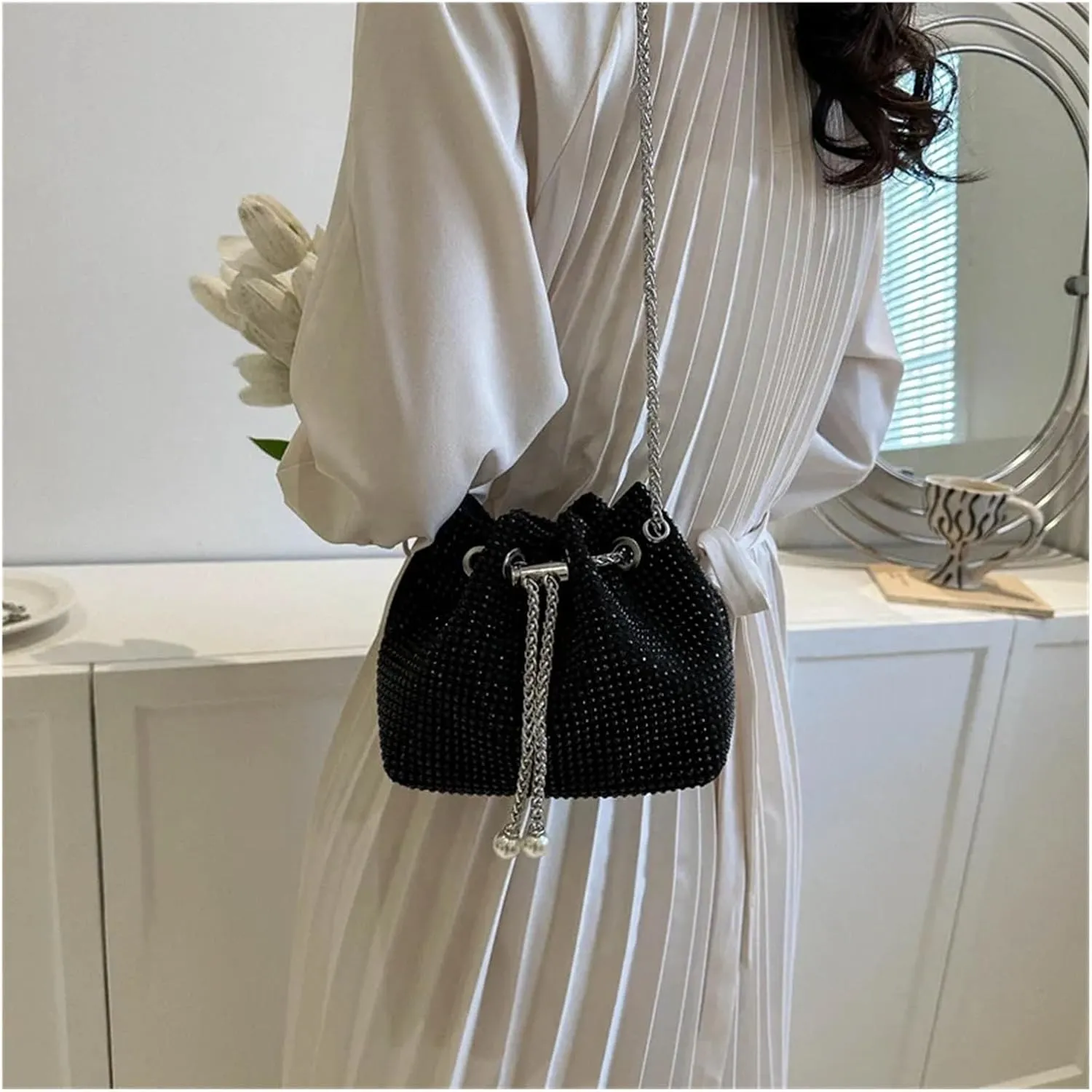 Rhinestone Bags Women Rhinestone Bucket Bags Retro Pearl Chain Ladies Shoulder Bags Shiny Small Crossbody Bags(Silver)