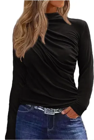 Ruched Mock Neck Long Sleeve Blouse for Womens Plain Ruched Slim Fit T-Shirts Tops Cute Casual Elegant Fall Blouse Tops