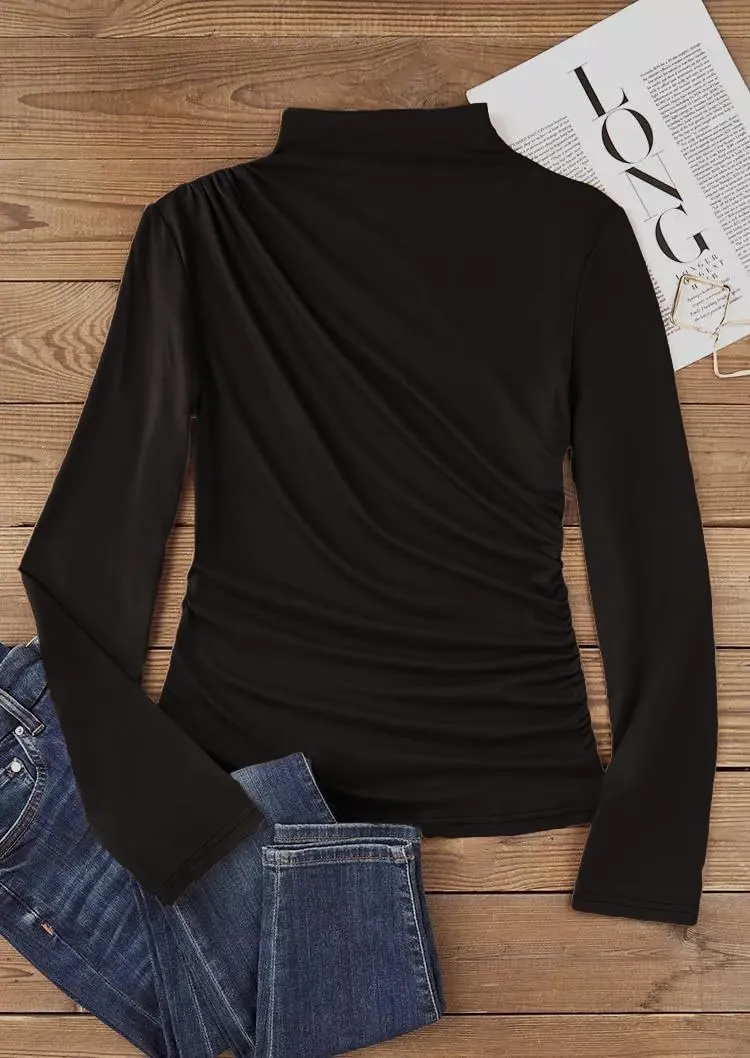 Ruched Mock Neck Long Sleeve Blouse for Womens Plain Ruched Slim Fit T-Shirts Tops Cute Casual Elegant Fall Blouse Tops