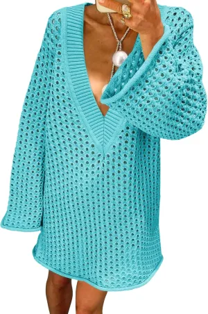 Saodimallsu Women Crochet Cover Up Long Sleeve Deep V Neck Hollow Out Sweater Oversized Beach Mini Dress Bathing Suit Coverup
