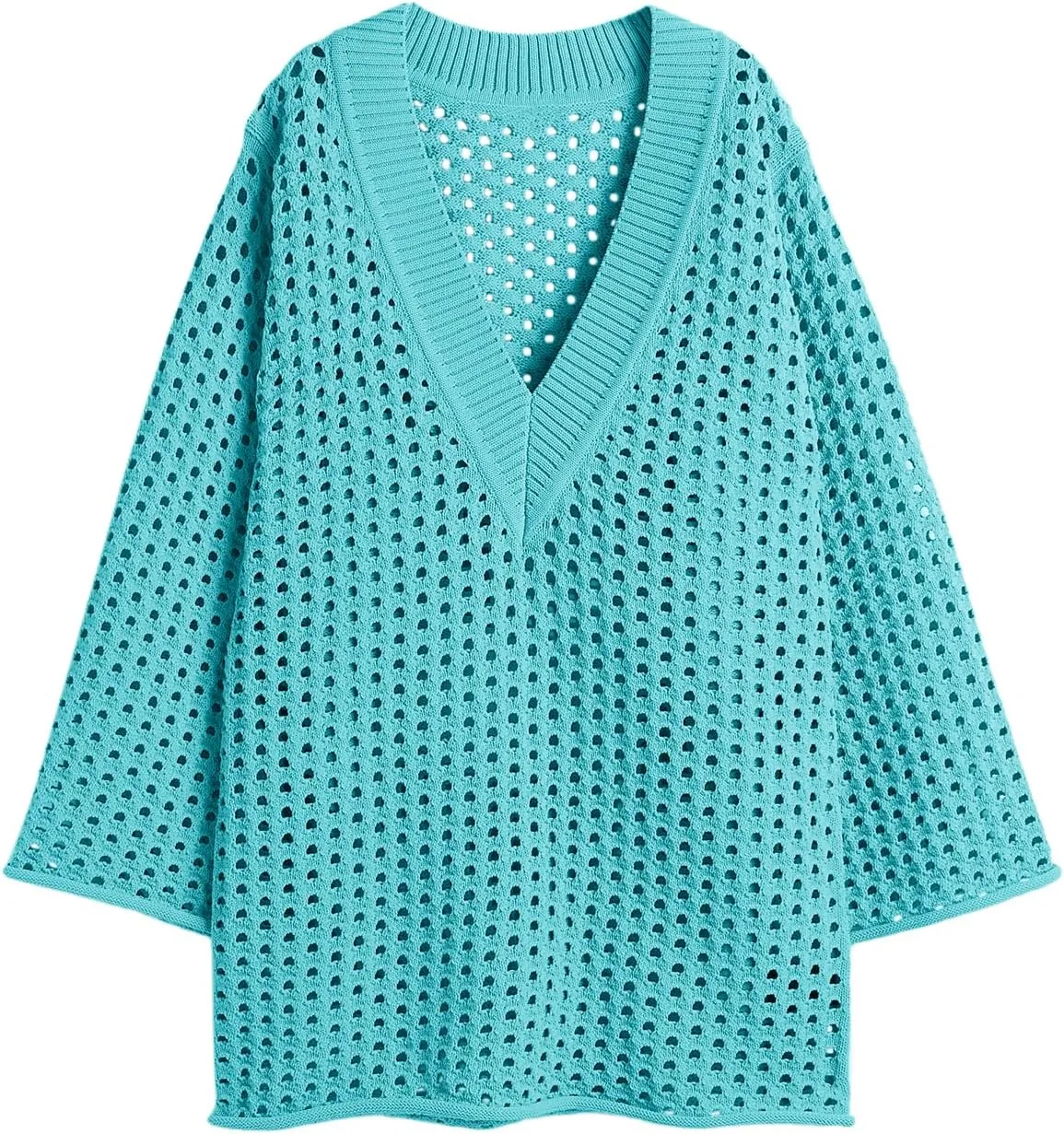 Saodimallsu Women Crochet Cover Up Long Sleeve Deep V Neck Hollow Out Sweater Oversized Beach Mini Dress Bathing Suit Coverup