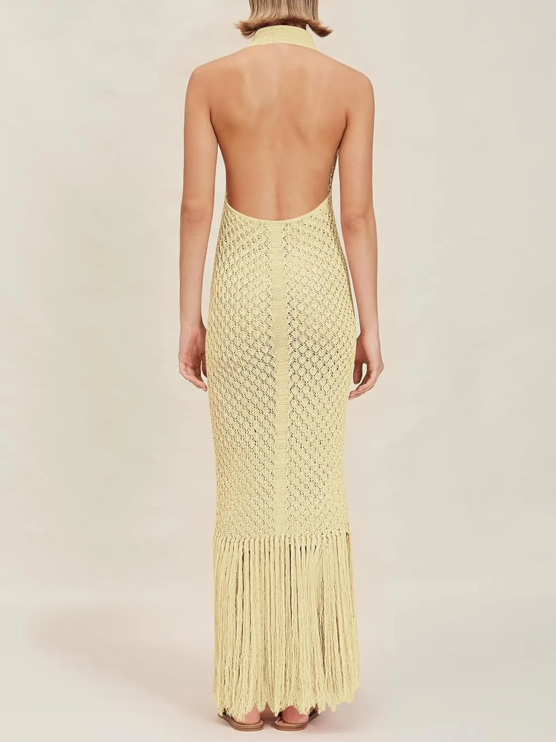 Saodimallsu Womens Halter Crochet Cover Up Fringe Sexy Backless Sleeveless V Neck Collared Vacation Beach Maxi Dress
