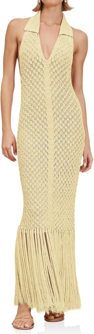 Saodimallsu Womens Halter Crochet Cover Up Fringe Sexy Backless Sleeveless V Neck Collared Vacation Beach Maxi Dress