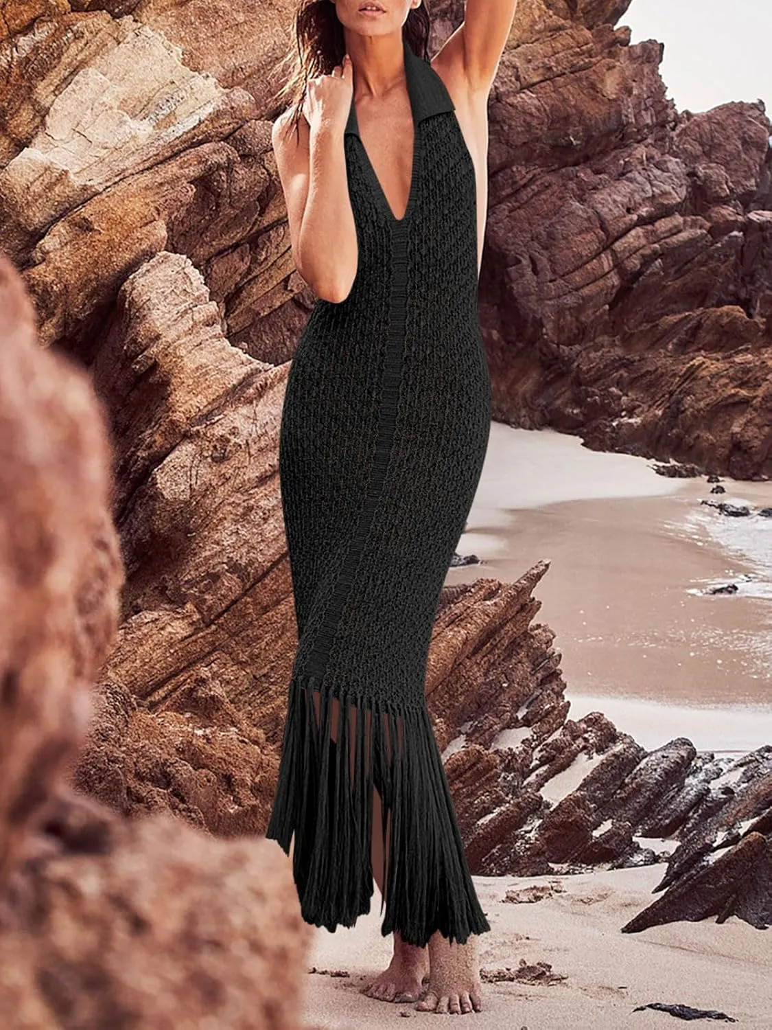 Saodimallsu Womens Halter Crochet Cover Up Fringe Sexy Backless Sleeveless V Neck Collared Vacation Beach Maxi Dress
