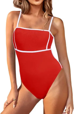 Saodimallsu Womens One Piece Swimsuit Color Block Spaghetti Strap Ribbed Tummy Control Bathing Suits High Cut Swimwear
