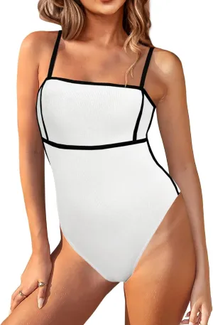 Saodimallsu Womens One Piece Swimsuit Color Block Spaghetti Strap Ribbed Tummy Control Bathing Suits High Cut Swimwear