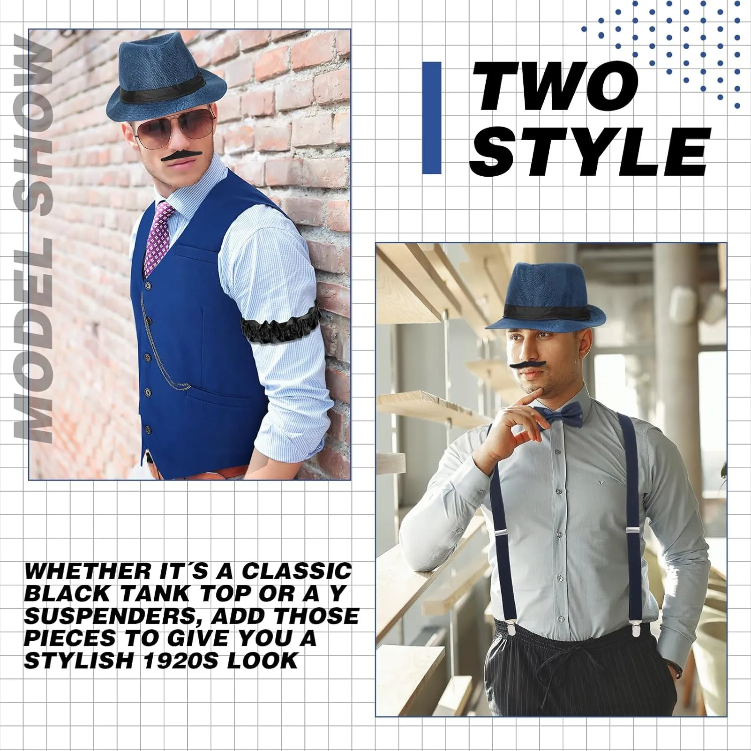 SATINIOR 1920s Mens Costume Roaring Outfit with Gangster Vest Hat Pocket Watch Suspenders