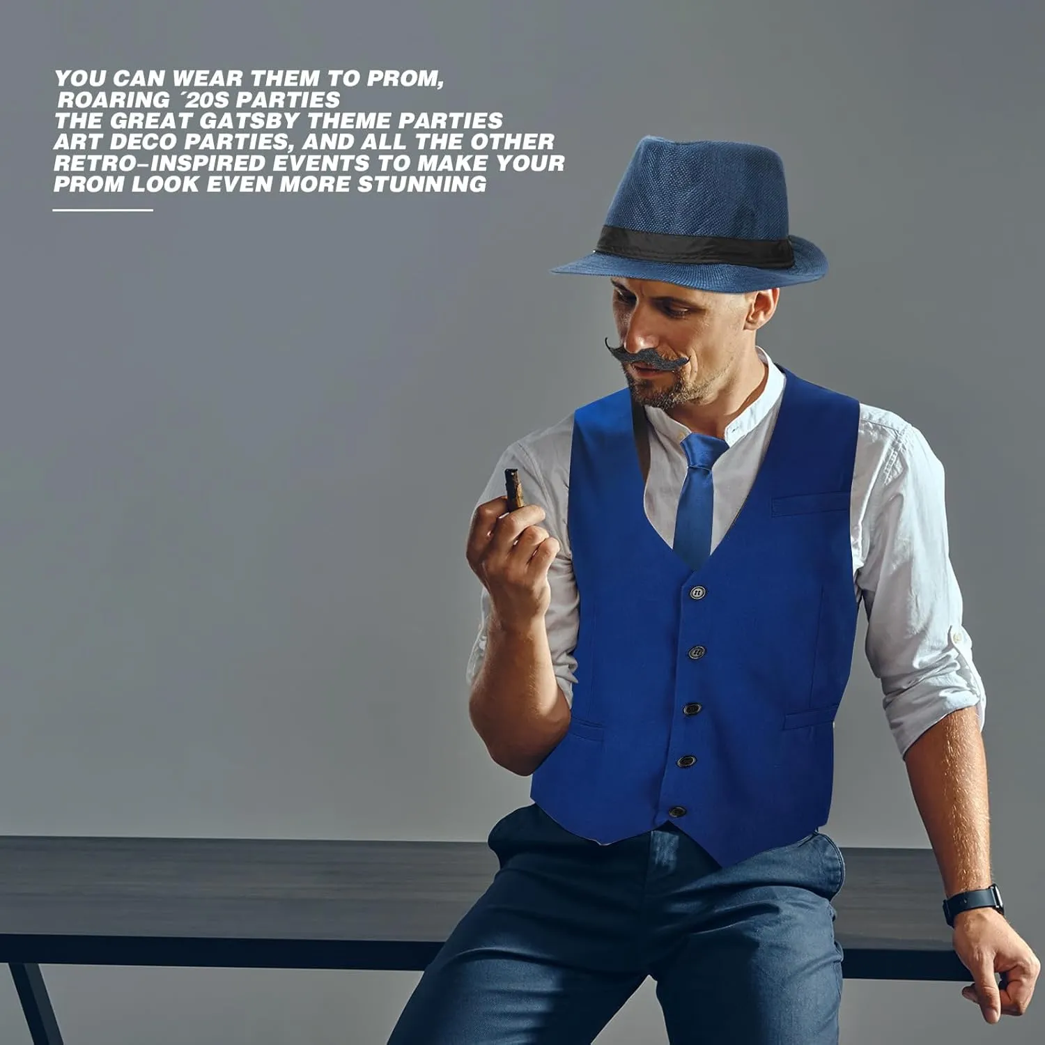SATINIOR 1920s Mens Costume Roaring Outfit with Gangster Vest Hat Pocket Watch Suspenders