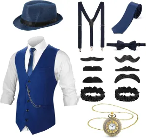 SATINIOR 1920s Mens Costume Roaring Outfit with Gangster Vest Hat Pocket Watch Suspenders